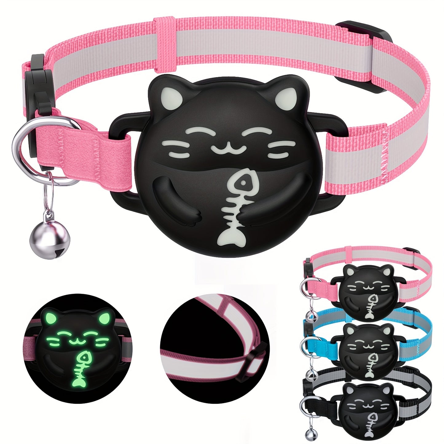 Breakaway AirTag Cat Collar With Reflective Luminous Strap | Lightweight, Safety Elastic Band For Kittens | Hidden GPS Tracker Holder For Apple AirTag (Blue, Adjustable 9"-14")