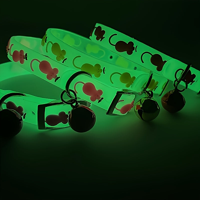 5-Pack Adjustable Glowing Pet Collars with Bell, Animal Print, Rubber Material, Safety Night Light Cat Collar Set