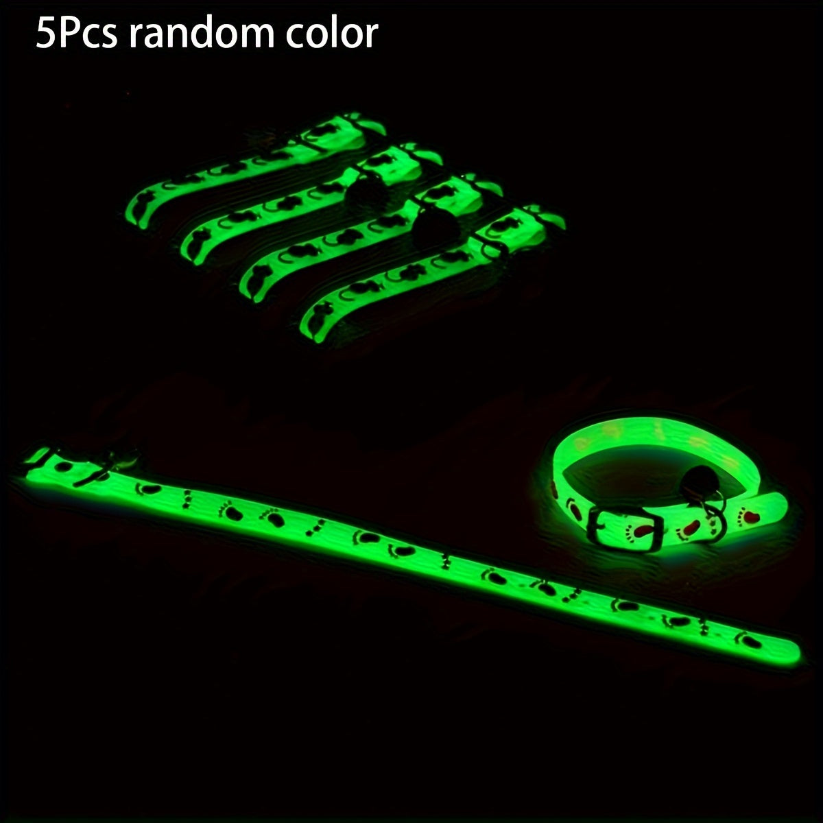 5-Pack Adjustable Glowing Pet Collars with Bell, Animal Print, Rubber Material, Safety Night Light Cat Collar Set