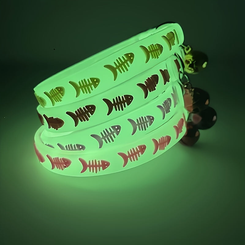 5-Pack Adjustable Glowing Pet Collars with Bell, Animal Print, Rubber Material, Safety Night Light Cat Collar Set