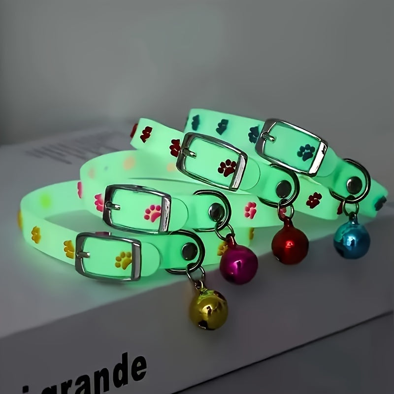 5-Pack Adjustable Glowing Pet Collars with Bell, Animal Print, Rubber Material, Safety Night Light Cat Collar Set