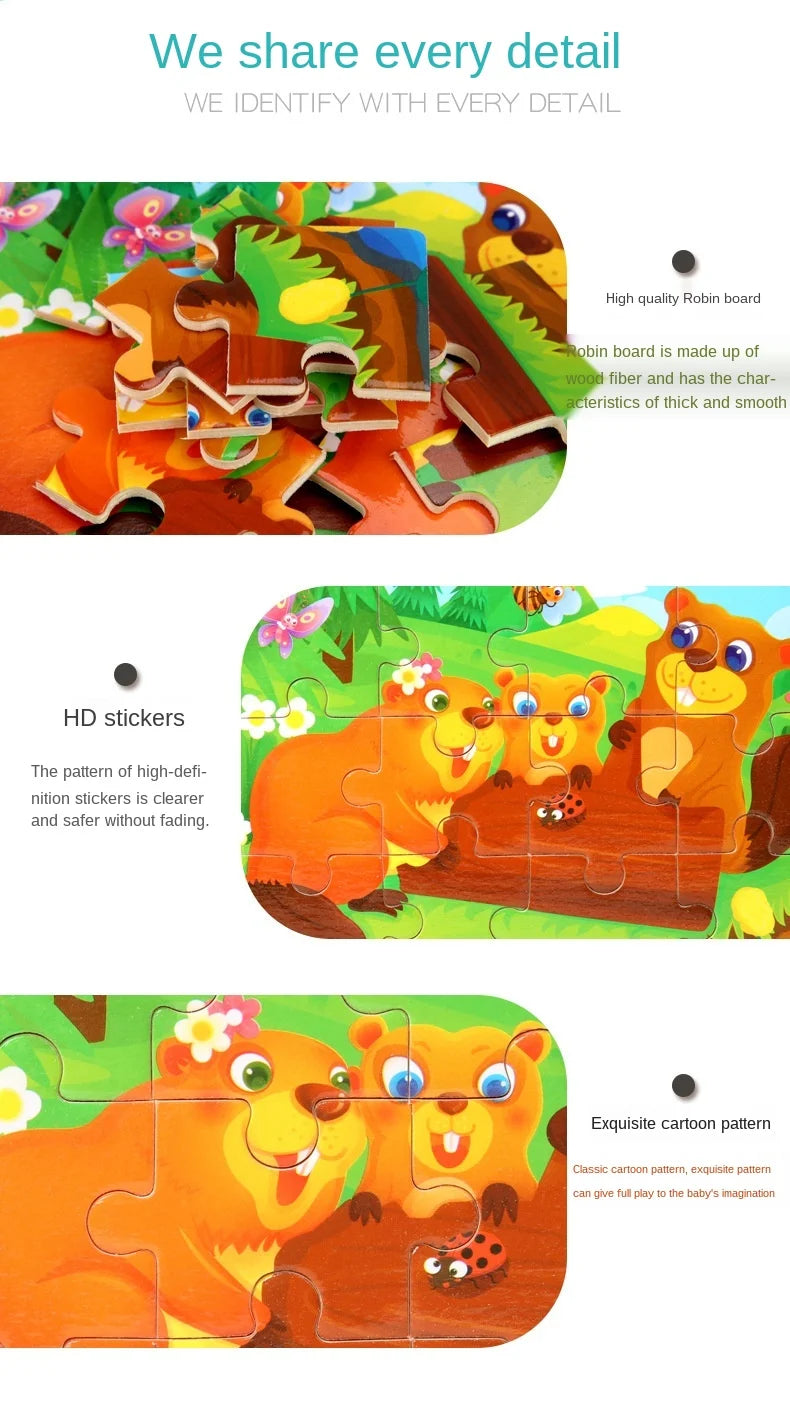 12piece Wooden Jigsaw Puzzle Cartoon Animal Parent-child Theme Puzzles Game Kids Montessori Educational Toys for Children Gifts