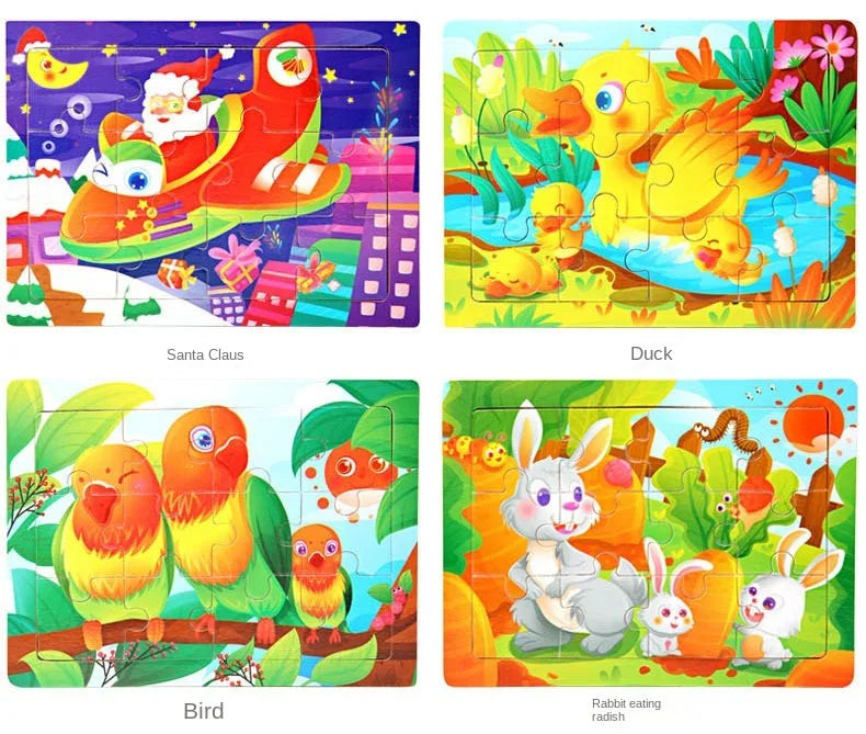 12piece Wooden Jigsaw Puzzle Cartoon Animal Parent-child Theme Puzzles Game Kids Montessori Educational Toys for Children Gifts