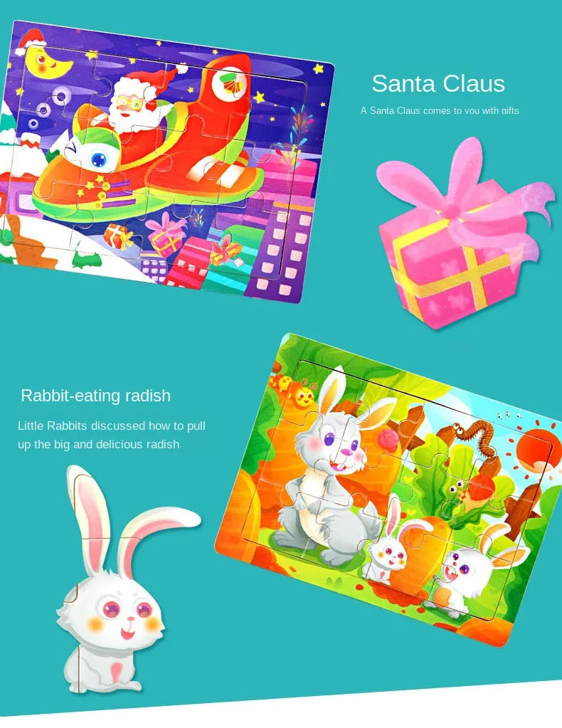 12piece Wooden Jigsaw Puzzle Cartoon Animal Parent-child Theme Puzzles Game Kids Montessori Educational Toys for Children Gifts