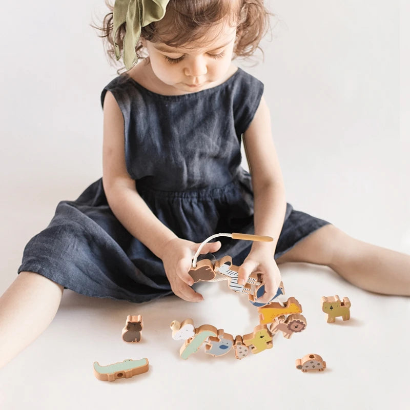 Baby Animal Threading Toys Wooden Stacking Toys Blocks Board Games Wooden Toys Baby Animal Stringing Threading Beads Toys Gift
