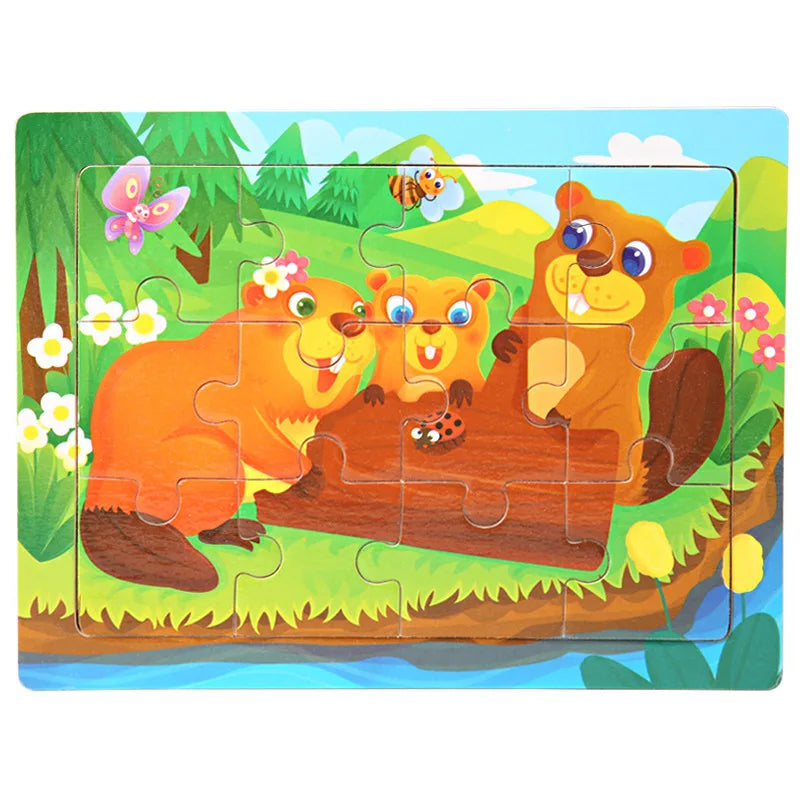 12piece Wooden Jigsaw Puzzle Cartoon Animal Parent-child Theme Puzzles Game Kids Montessori Educational Toys for Children Gifts