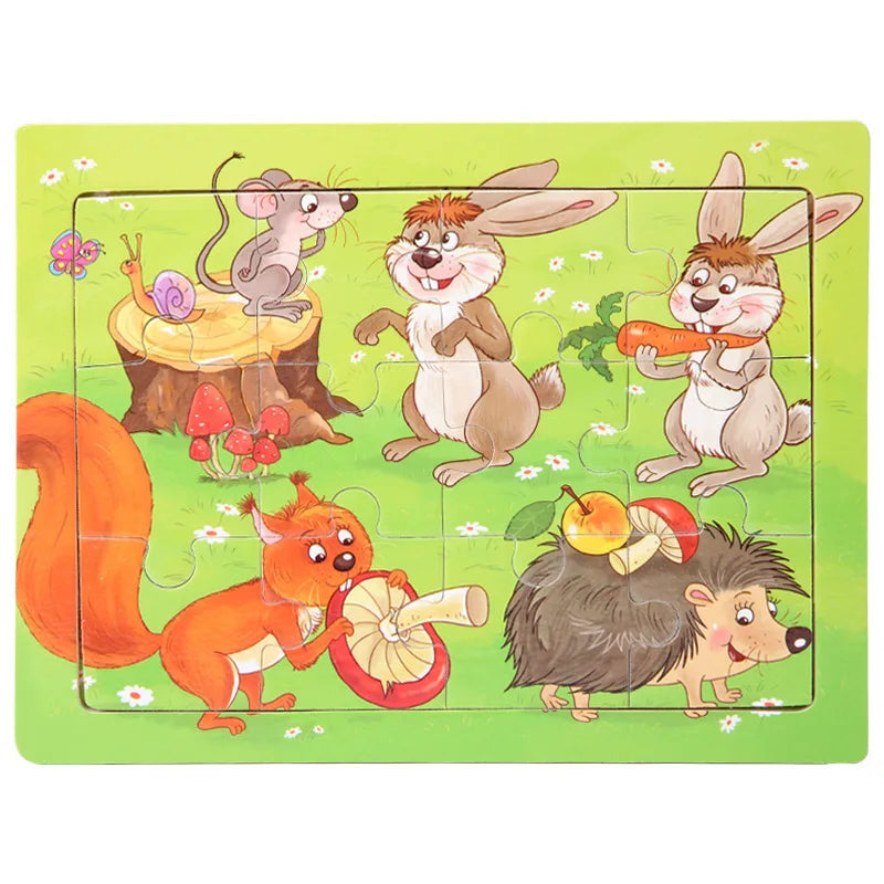 12piece Wooden Jigsaw Puzzle Cartoon Animal Parent-child Theme Puzzles Game Kids Montessori Educational Toys for Children Gifts