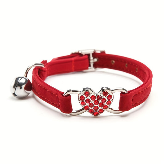 [Heart Bling Rhinestone Cat Collar] 1pc Soft Velvet Cat Adjustable Collar Bling Heart Collar Choker Bling Artificial Rhinestone With Bells For Small Dogs And Cats Costume Outfits