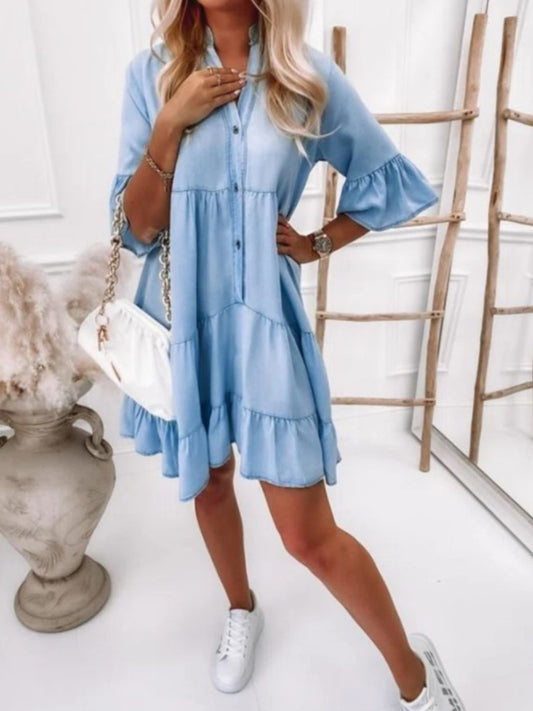 All-Season Casual A-Line Midi Denim Dress with Ruffled Hem, Smart Lapel & Solid Non-Elastic Fabric