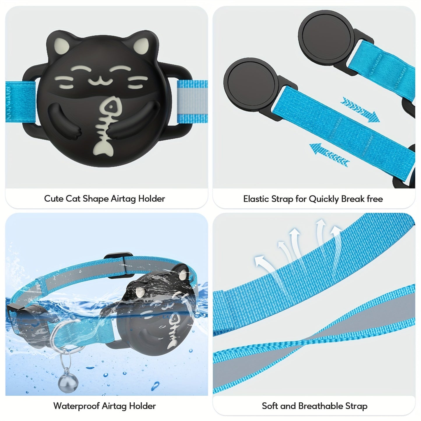 Breakaway AirTag Cat Collar With Reflective Luminous Strap | Lightweight, Safety Elastic Band For Kittens | Hidden GPS Tracker Holder For Apple AirTag (Blue, Adjustable 9"-14")