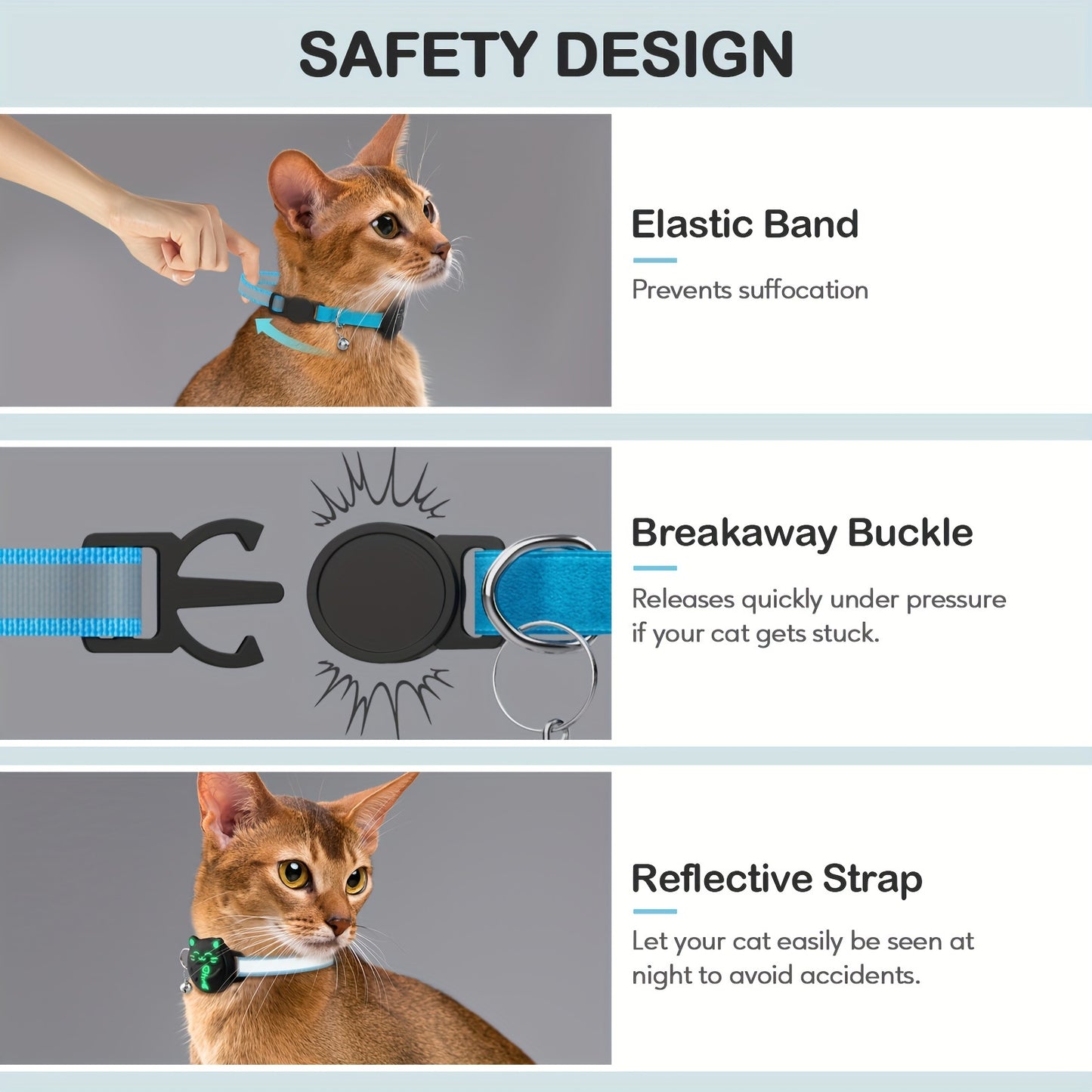 Breakaway AirTag Cat Collar With Reflective Luminous Strap | Lightweight, Safety Elastic Band For Kittens | Hidden GPS Tracker Holder For Apple AirTag (Blue, Adjustable 9"-14")