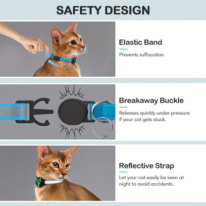 Breakaway AirTag Cat Collar With Reflective Luminous Strap | Lightweight, Safety Elastic Band For Kittens | Hidden GPS Tracker Holder For Apple AirTag (Blue, Adjustable 9"-14")