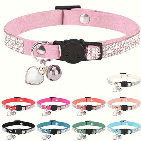Rhinestone Soft Velvet Cat Collar, Breakaway Cat Collar With Bell And Pendant, Adjustable Kitten Collar With Quick Release Safety Buckle Pet Accessories
