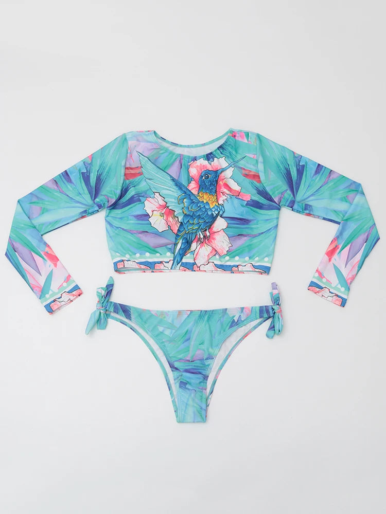 2024 New Sexy Print Long Sleeve Swimwear Women Swimsuit Female Two Pieces Bikini Low Waist Bathing Suit Beachwear Swimming Suit