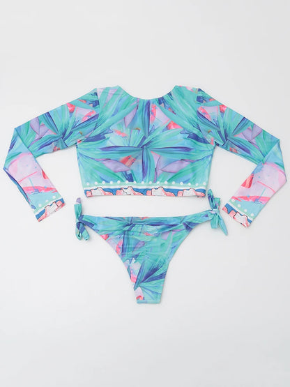 2024 New Sexy Print Long Sleeve Swimwear Women Swimsuit Female Two Pieces Bikini Low Waist Bathing Suit Beachwear Swimming Suit