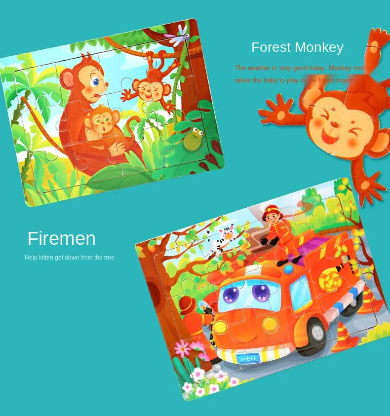 12piece Wooden Jigsaw Puzzle Cartoon Animal Parent-child Theme Puzzles Game Kids Montessori Educational Toys for Children Gifts