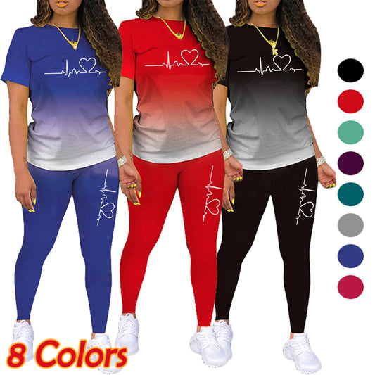 Summer Women Fashion Print Clothes T-shirt and Pants Suit Summer Sport Wear Casual Cotton Yoga Gym Lady Clothes Suit