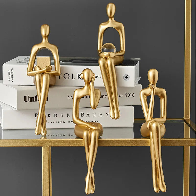 Gold Home Decor Thinker Statues Bookshelf Sculpture Decorations For Living Room Modern Figurines Shelf Table Desk Decor