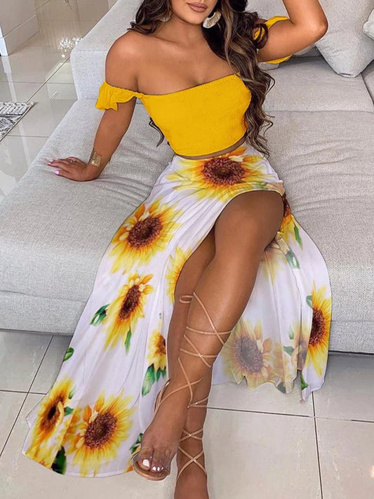 Summer Fashion Sets For Women 2 Pieces Solid Pleated Tops & Floral Print High Waist Midi Skirt Female Chic Lady Long Skirts Set