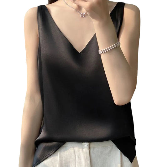 Women's tank top with camisole for summer, paired with a beautiful back satin smooth base, loose V-neck, sexy sleeveless top