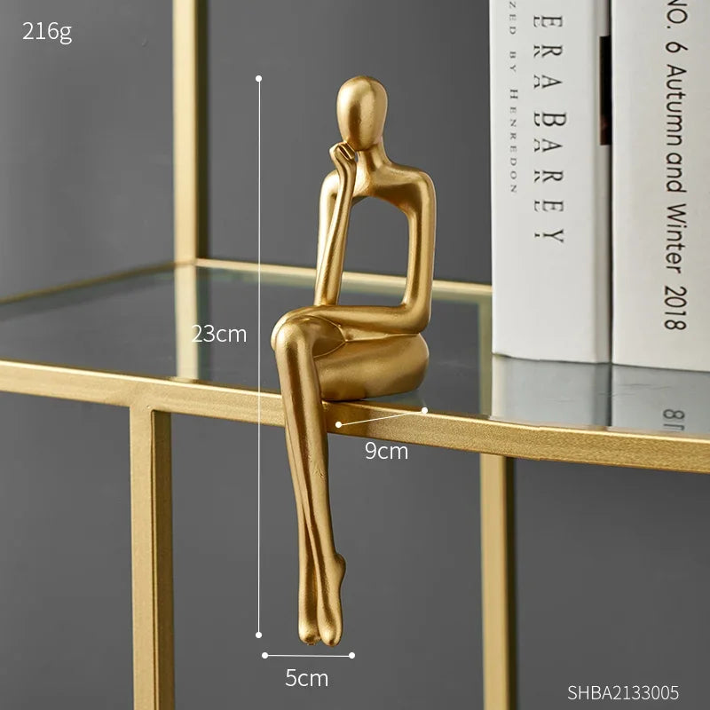 Gold Home Decor Thinker Statues Bookshelf Sculpture Decorations For Living Room Modern Figurines Shelf Table Desk Decor