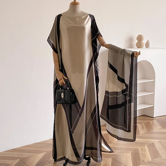 Summer New Fashion African Dresses For Women Elegant Printed Silk Muslim Lady Long Hijab Kaftan Dress Oversize Kuwait Abaya
