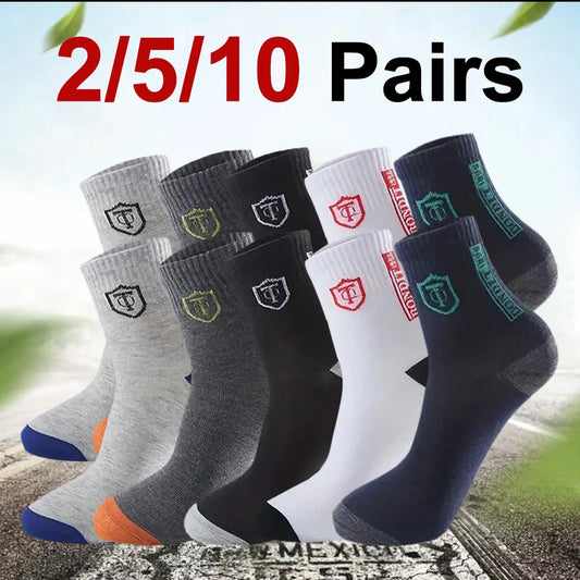 2/5/10 Pairs Men Knitted Anti Odor Round Neck Socks Sports Sweat Absorbing Breathable Soft Comfortable Business Casual Socks