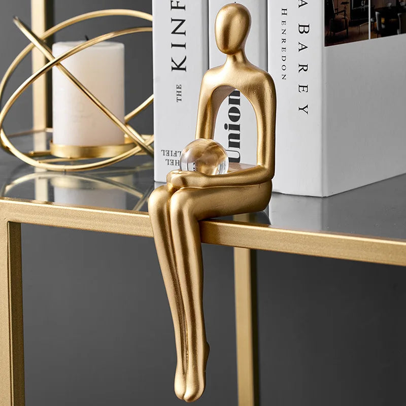 Gold Home Decor Thinker Statues Bookshelf Sculpture Decorations For Living Room Modern Figurines Shelf Table Desk Decor