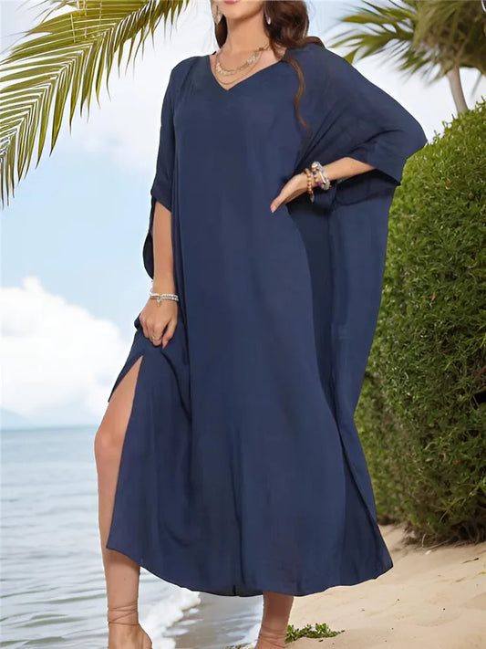Summer Long Dresses for Women Maxi Split Beachwear Black Half Sleeve Beach Cover Up 2025 Casual Outwear Blue Robe Dress Blouse