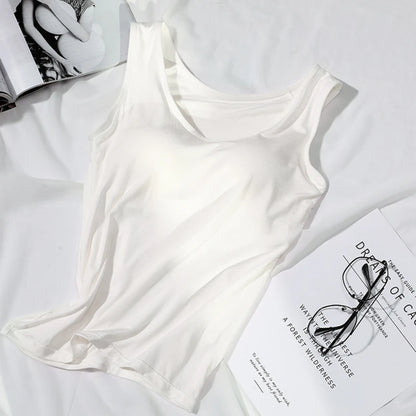 2024 Women's Vest Tops With Built In Bra Neck Vest Padded Slim Fit Tank Tops Sexy Shirts With Chest Pad Feminino Casual