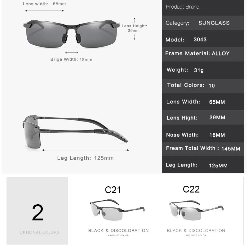 Photochromic Sunglasses Man Polarized Glasses Male Change Color Polaroid Sun Glasses for Men Sports Driving UV400 Gafas de sol