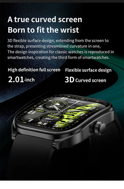 2025 Smart Watch 2.01" IPS HD Display | IP68 Waterproof | Bluetooth 5.3 | 3D Curved Glass | Smart Features:Voice Assistant