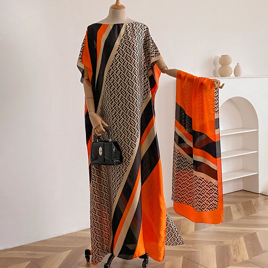 Summer New Fashion African Dresses For Women Elegant Printed Silk Muslim Lady Long Hijab Kaftan Dress Oversize Kuwait Abaya