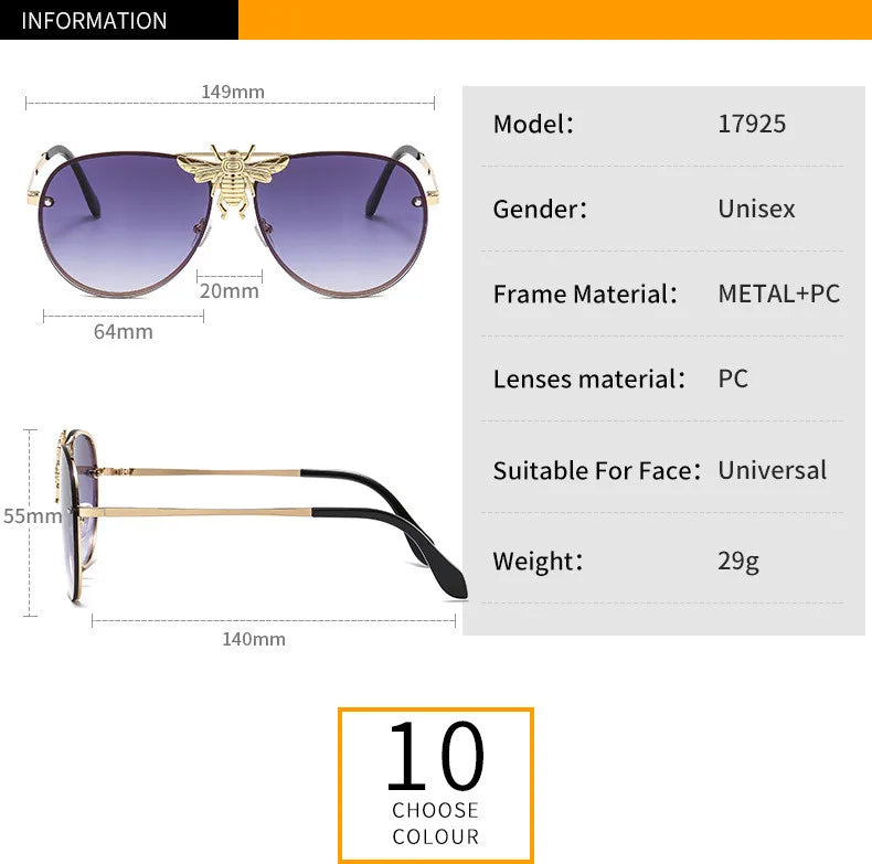 2022 Fashion Modern Oversized Sunglasses For Women Men Luxury Designer Sun Glasses Bee Decoration Trengding Shades UV400