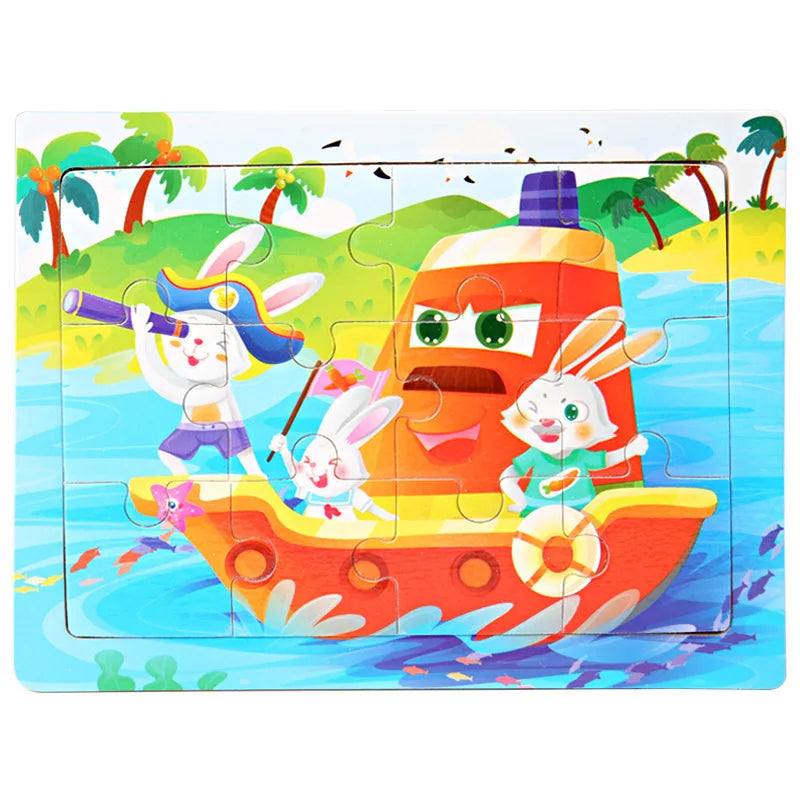 12piece Wooden Jigsaw Puzzle Cartoon Animal Parent-child Theme Puzzles Game Kids Montessori Educational Toys for Children Gifts