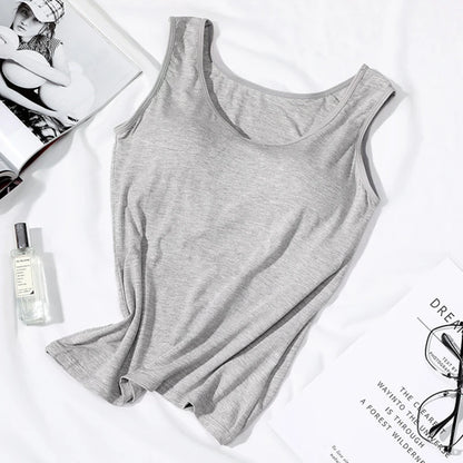 2024 Women's Vest Tops With Built In Bra Neck Vest Padded Slim Fit Tank Tops Sexy Shirts With Chest Pad Feminino Casual