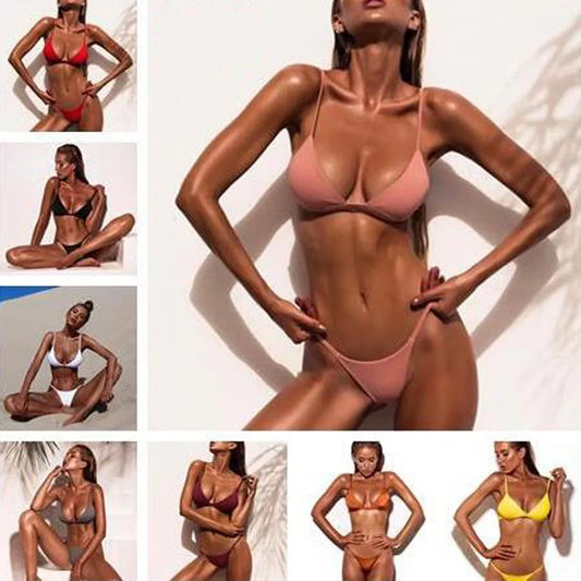 Women'S Swimsuit Bikinis Set Women Sexy Pink Bandage Ladies Thongs Solid Two Piece Suit Female купальник Traje De BañO Mujer