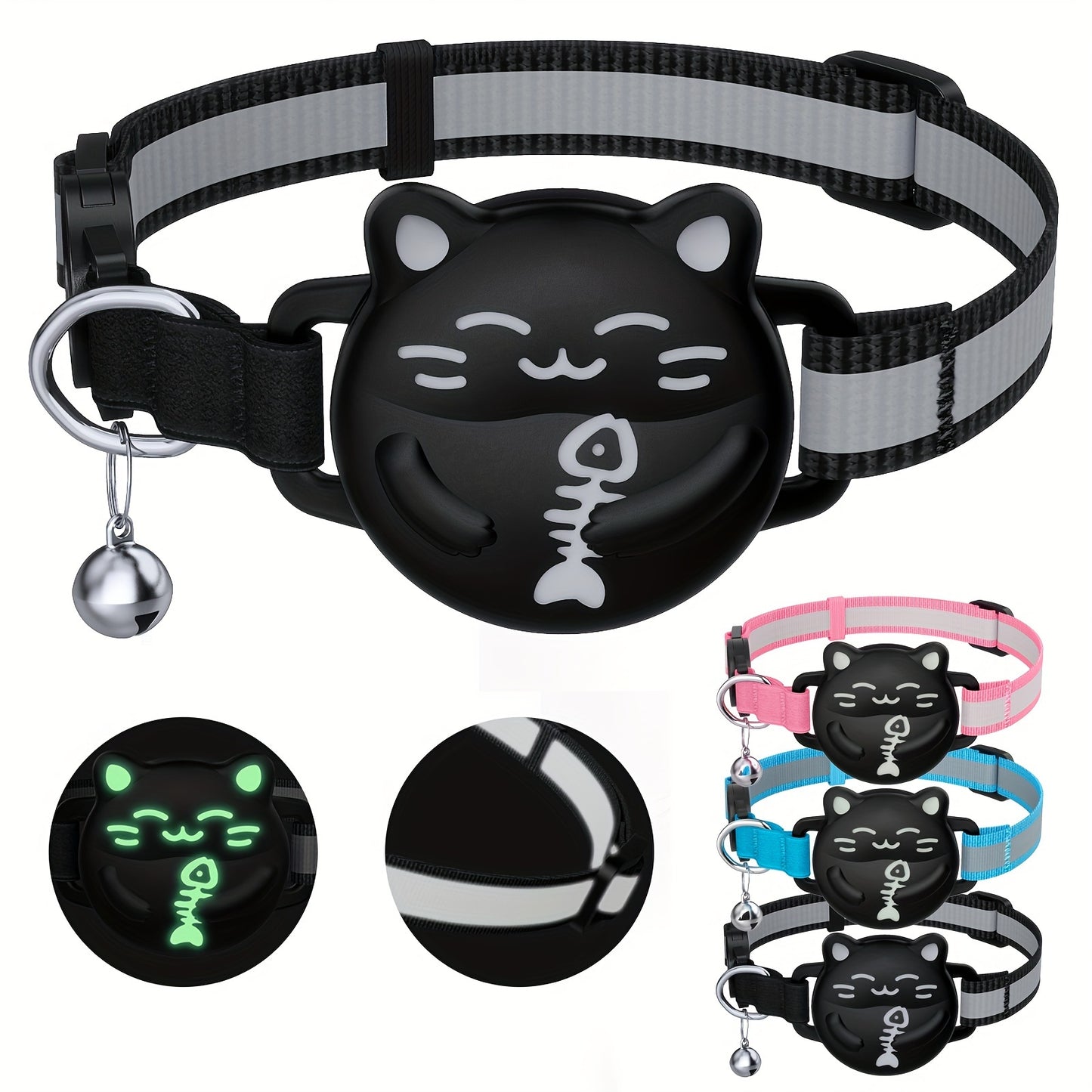 Breakaway AirTag Cat Collar With Reflective Luminous Strap | Lightweight, Safety Elastic Band For Kittens | Hidden GPS Tracker Holder For Apple AirTag (Blue, Adjustable 9"-14")