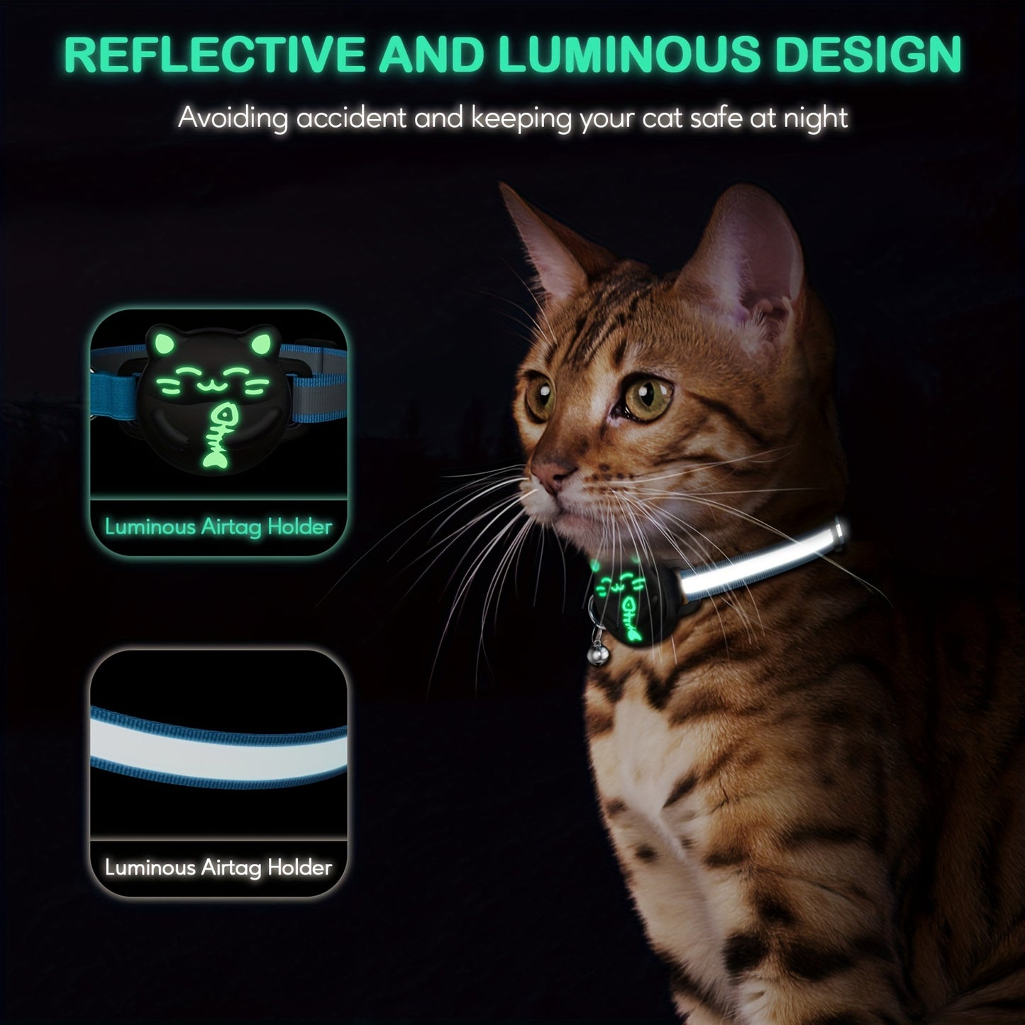 Breakaway AirTag Cat Collar With Reflective Luminous Strap | Lightweight, Safety Elastic Band For Kittens | Hidden GPS Tracker Holder For Apple AirTag (Blue, Adjustable 9"-14")