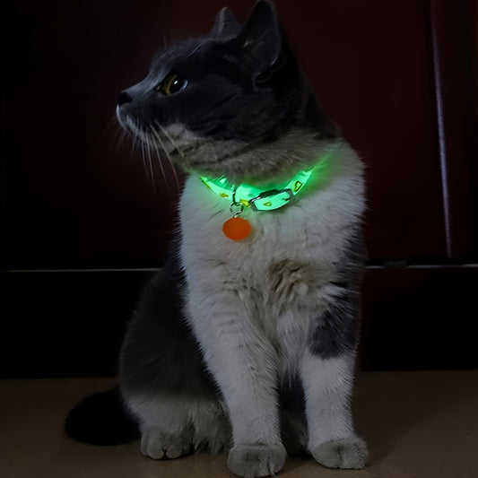 5-Pack Adjustable Glowing Pet Collars with Bell, Animal Print, Rubber Material, Safety Night Light Cat Collar Set