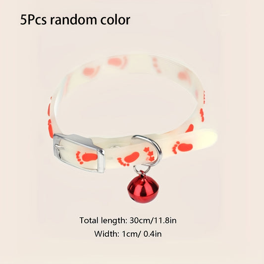 5-Pack Adjustable Glowing Pet Collars with Bell, Animal Print, Rubber Material, Safety Night Light Cat Collar Set
