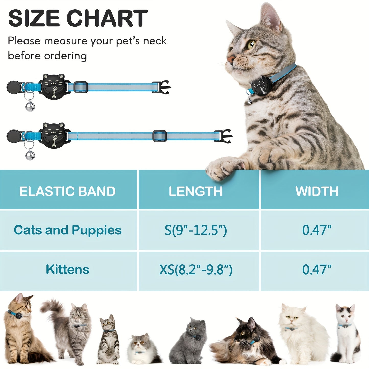 Breakaway AirTag Cat Collar With Reflective Luminous Strap | Lightweight, Safety Elastic Band For Kittens | Hidden GPS Tracker Holder For Apple AirTag (Blue, Adjustable 9"-14")